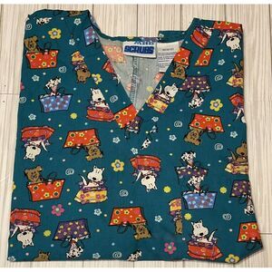 MHD Scrubs Womens Scrub Top Sz Medium Green Dogs‎ Deep Pockets